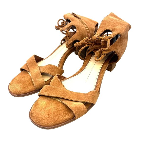 Brown Suede Open-Toe Sandals Festival Boho Concert Lace-Up Ankle Block Heel 9.5 - Picture 2 of 10